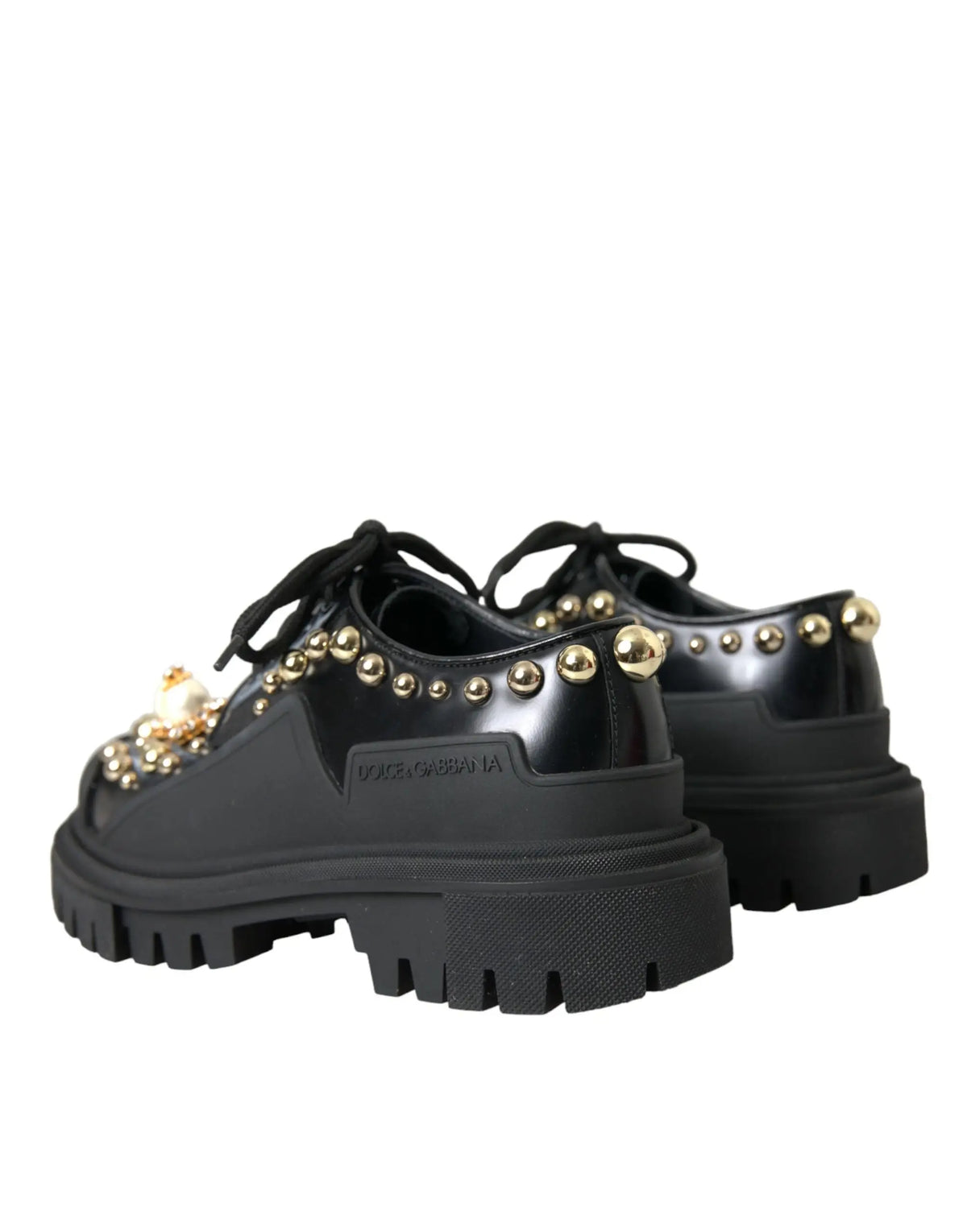 Dolce & gabbana chaussures derby noires en cuir avec plateforme, clous dorés et perle décorative au bout
