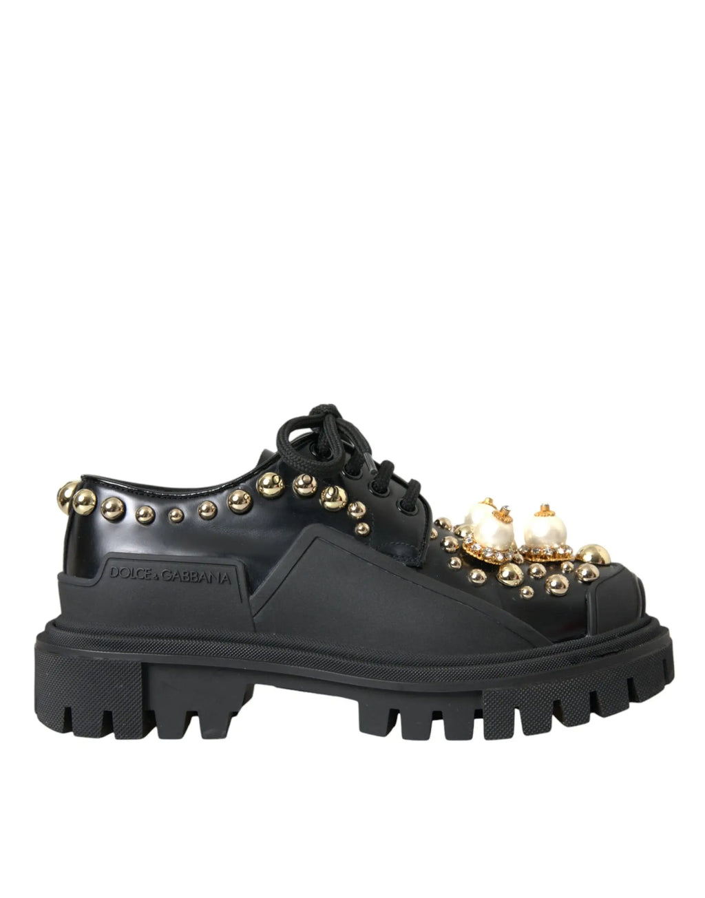 Derby trekking dolce & gabbana en cuir noir avec lacets, clous dorés et perles sur l’avant du pied