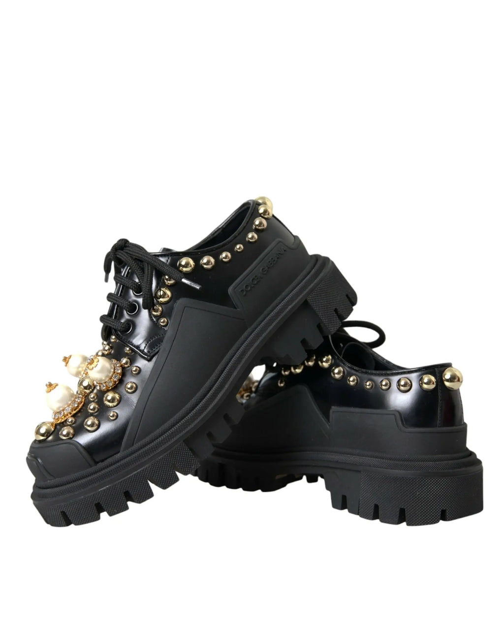 Dolce & gabbana chaussures derby trekking noires en cuir verni avec semelle plateforme cloutée or et perles
