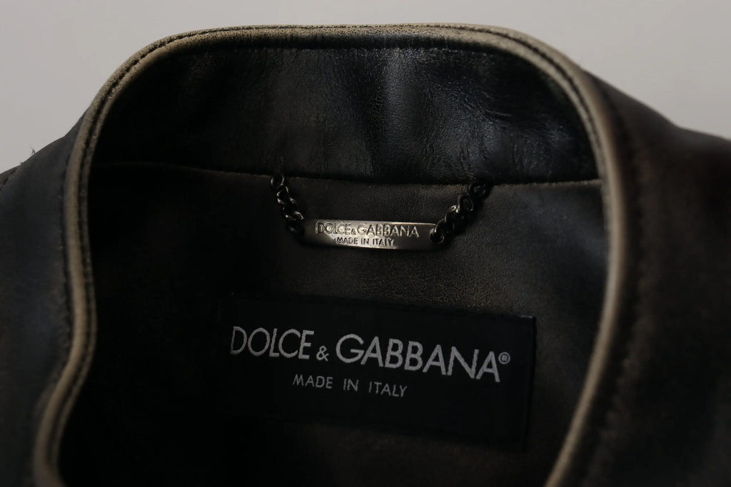 Veste motard en cuir noir dolce & gabbana avec fermeture éclair et étiquette chaîne argentée visible