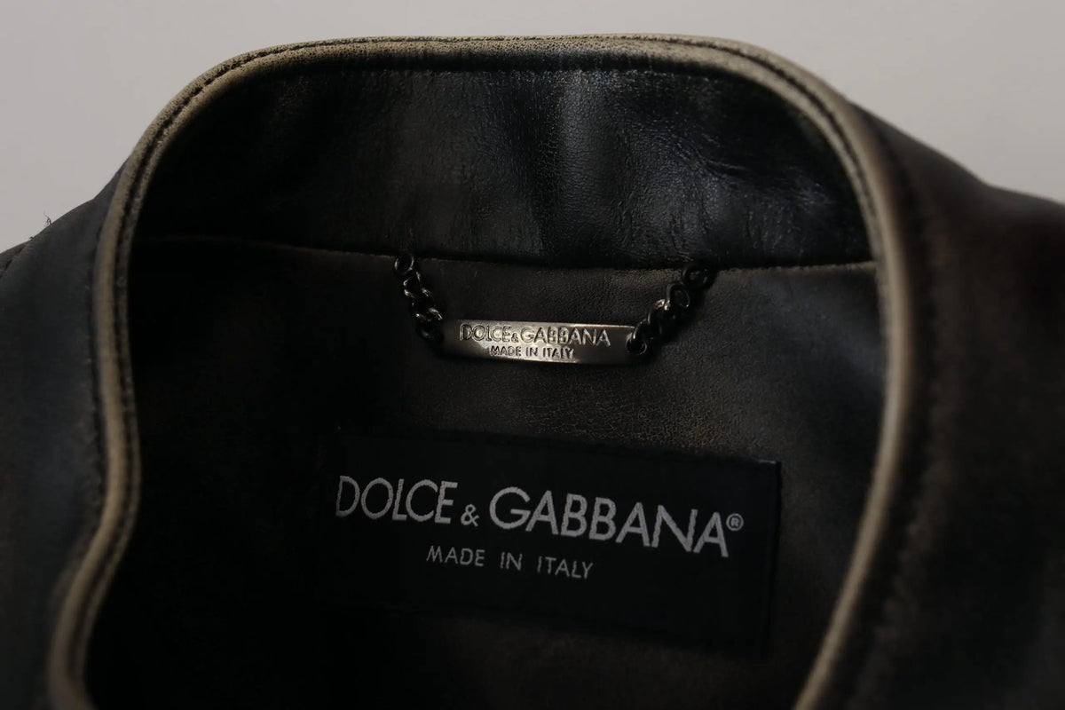 Veste motard en cuir noir dolce & gabbana avec fermeture éclair et étiquette chaîne argentée visible