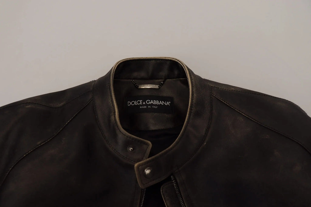 Veste moto en cuir noir dolce gabbana avec col classique et patte de boutonnage