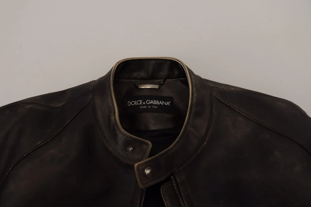 Veste moto en cuir noir dolce gabbana avec col classique et patte de boutonnage