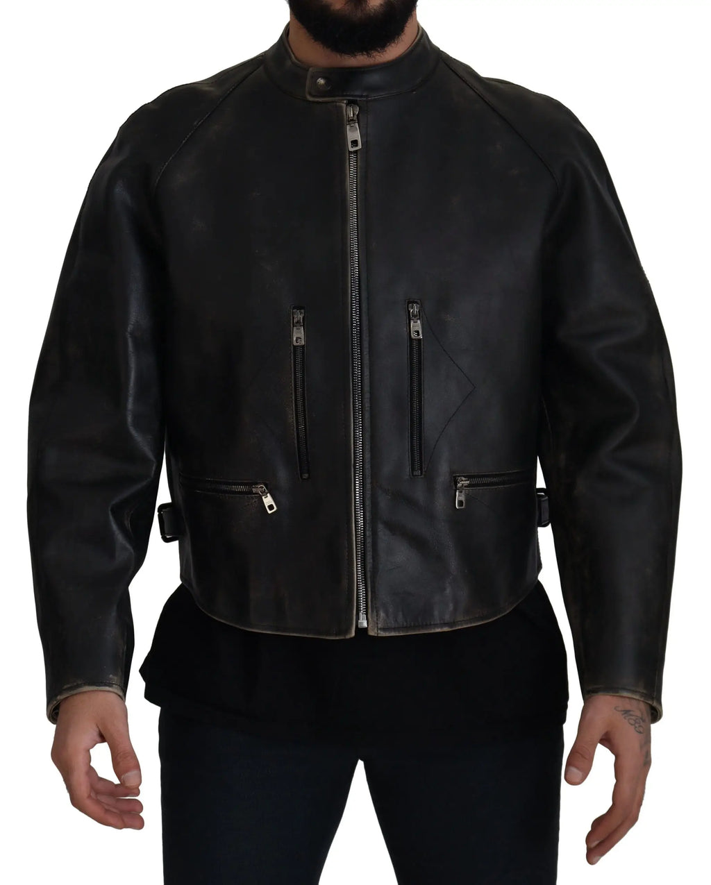 Veste biker dolce & gabbana en cuir noir avec fermeture éclair argentée et col montant