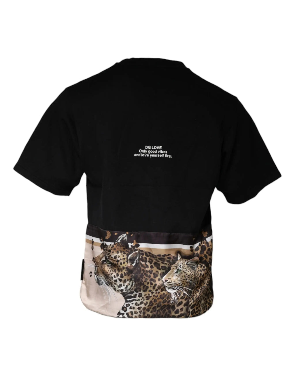 Dolce & Gabbana t-shirt en coton noir à manches courtes avec imprimé léopard et texte blanc au dos