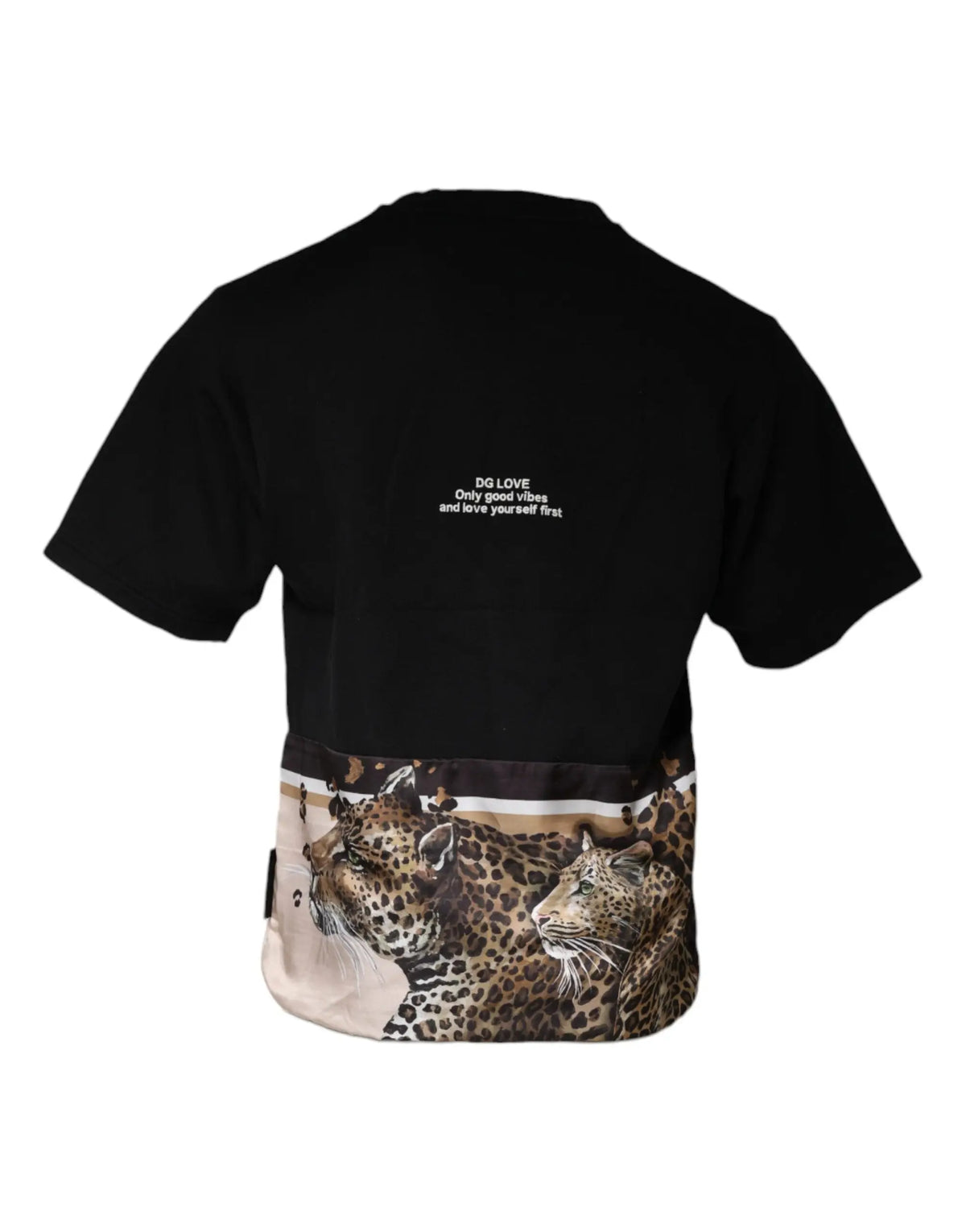 Dolce & Gabbana t-shirt en coton noir à manches courtes avec imprimé léopard et texte blanc au dos