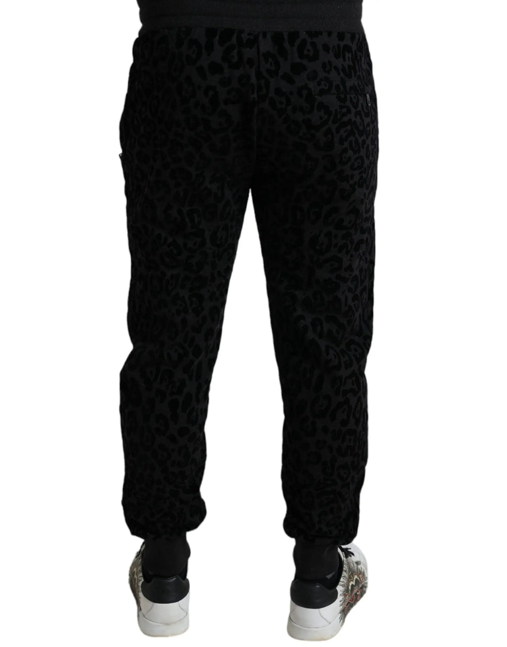 Dolce & gabbana jogger slim fit en coton velours noir imprimé léopard avec tissu doux et bas élastiques