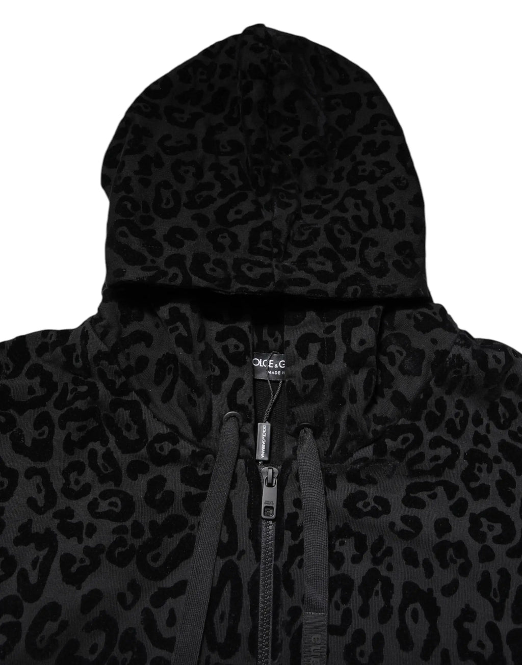 Dolce & gabbana sweat à capuche zippé noir imprimé léopard en tissu texturé avec cordon ajustable
