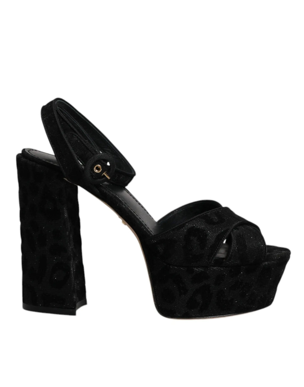 Sandales à talon plateforme dolce & gabbana en velours noir avec motif léopard et talon bloc épais