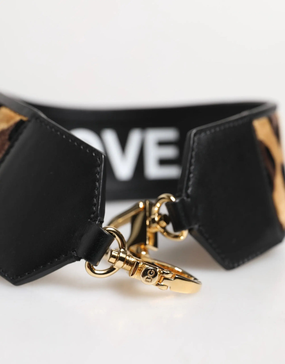 Dolce & gabbana black leather shoulder strap with gold hardware leopard print and bold white love lettering