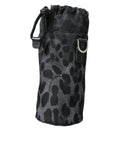 Dolce & gabbana black leopard round slim tote bottle cage bag with gray fabric drawstring holder and leather strap