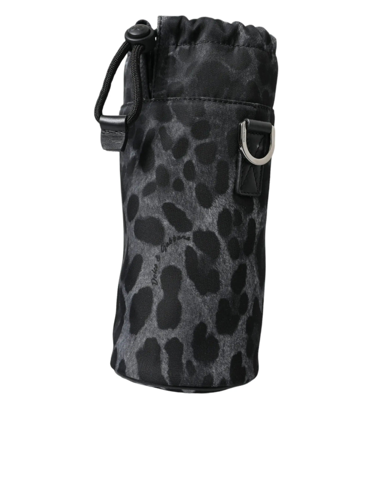 Dolce & gabbana black leopard round slim tote bottle cage bag with gray fabric drawstring holder and leather strap