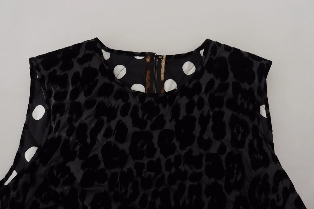 Robe courte noire dolce & gabbana en polyester avec imprimé léopard, pois blancs et fermeture éclair centrale au col