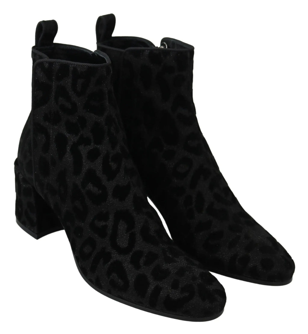Bottes courtes dolce & gabbana en daim noir avec motif léopard subtil et talon bloc épais avec fermeture éclair