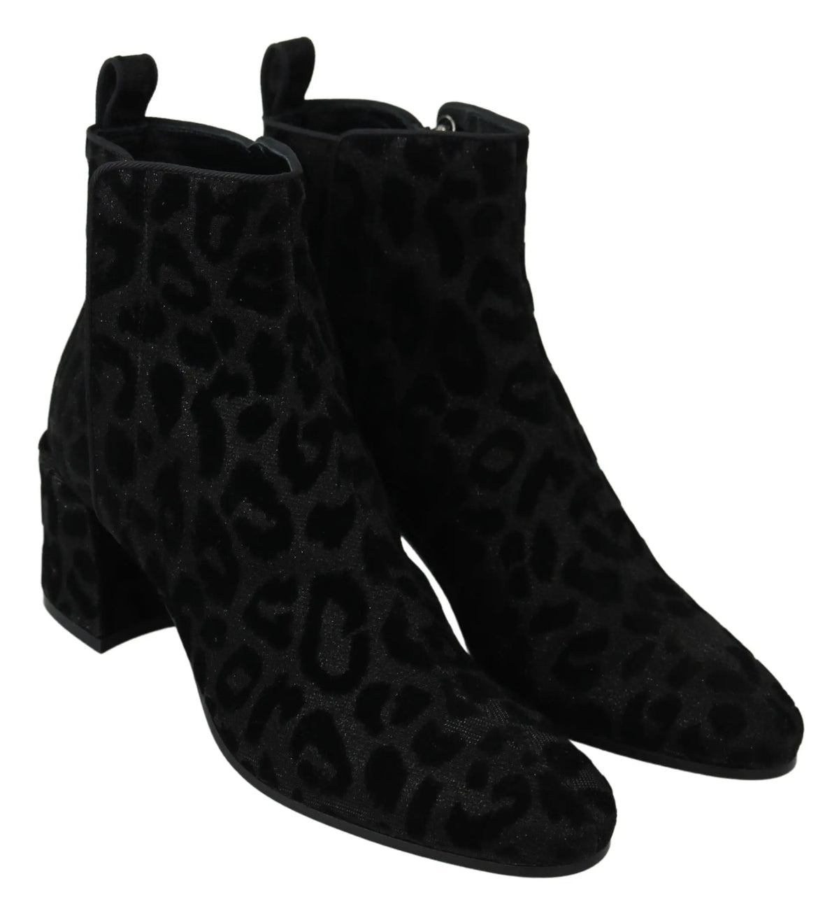 Bottes courtes dolce & gabbana en daim noir avec motif léopard subtil et talon bloc épais avec fermeture éclair