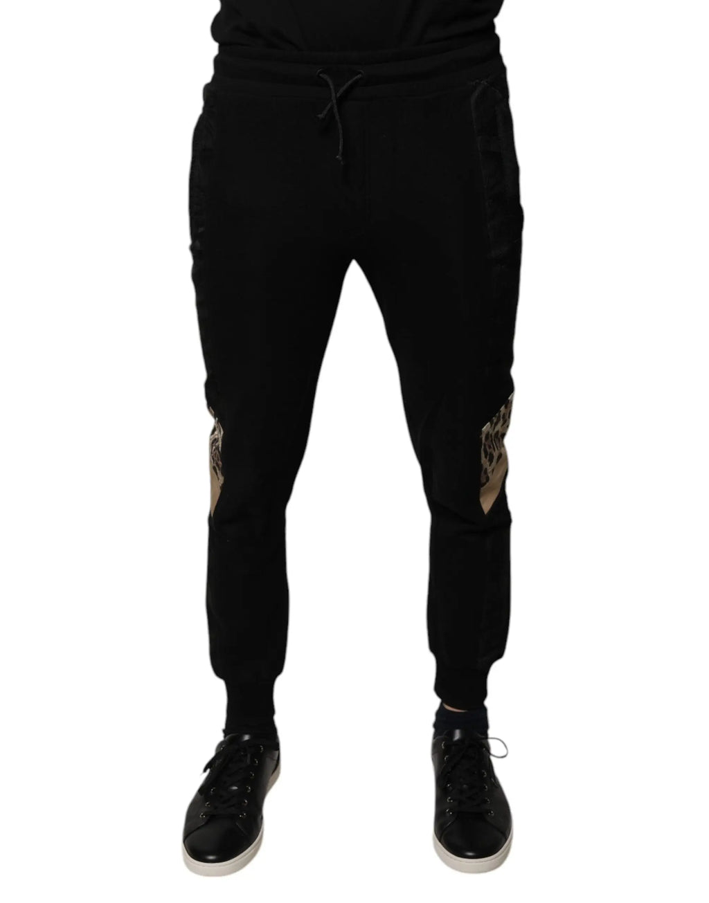 Dolce & gabbana pantalon jogger slim noir avec patchs léopard sur les cuisses extérieures