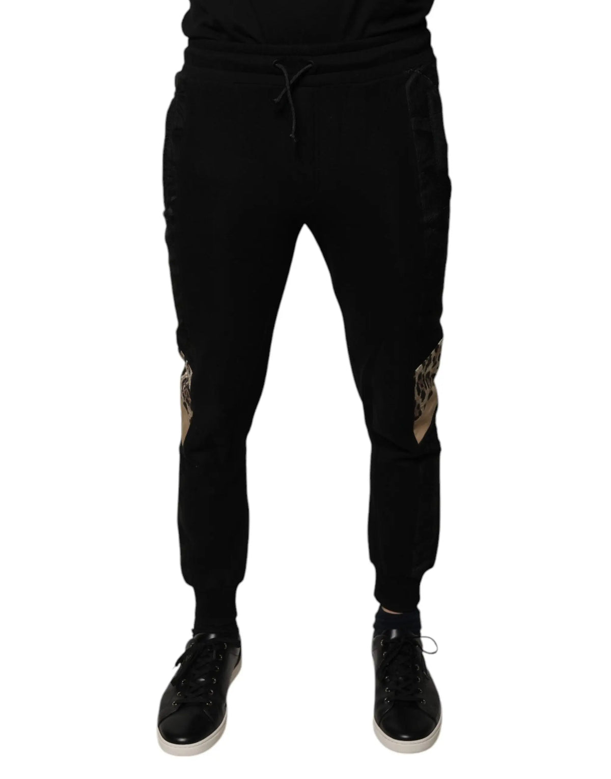 Dolce & gabbana pantalon jogger slim noir avec patchs léopard sur les cuisses extérieures