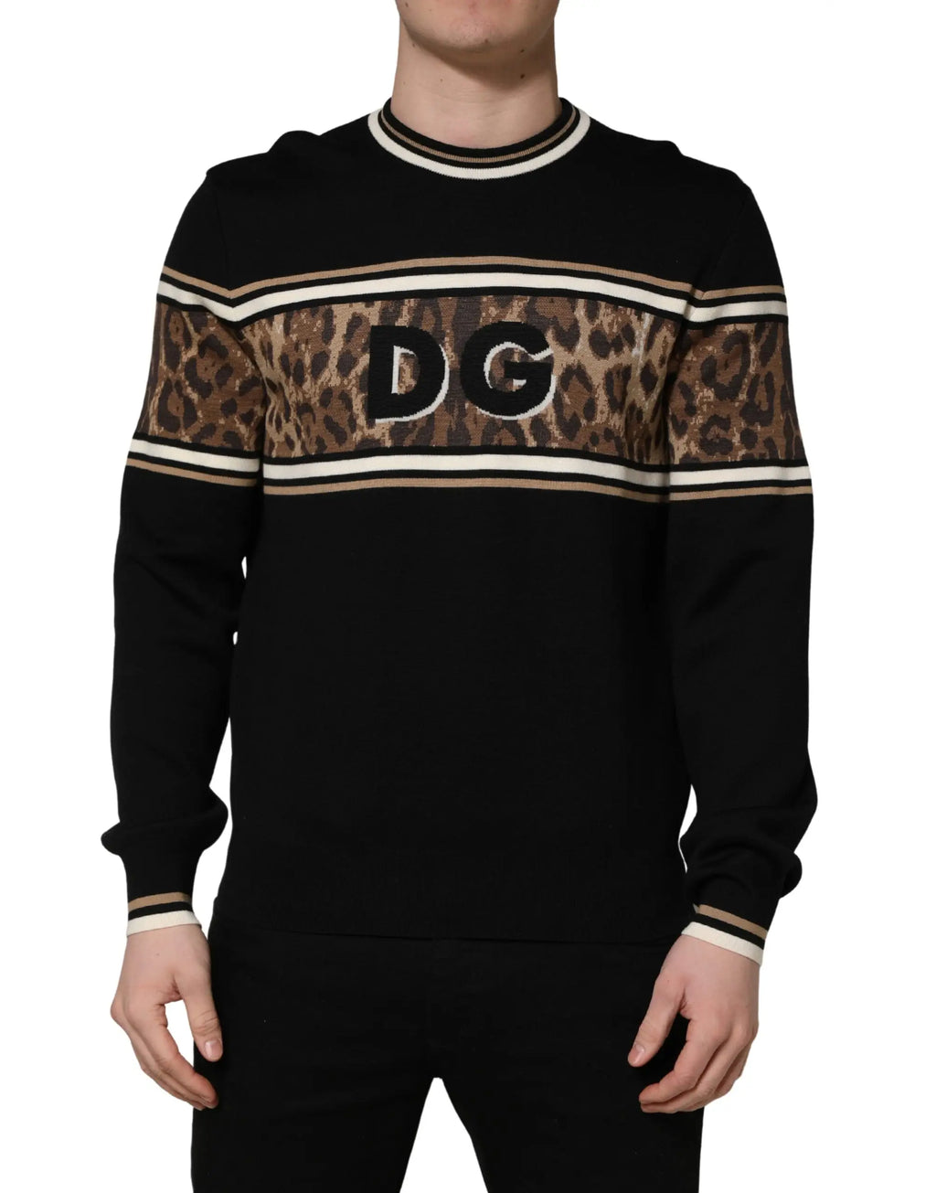 Dolce & Gabbana pull en laine noir pour homme avec bande léopard et bordure crème contrastée