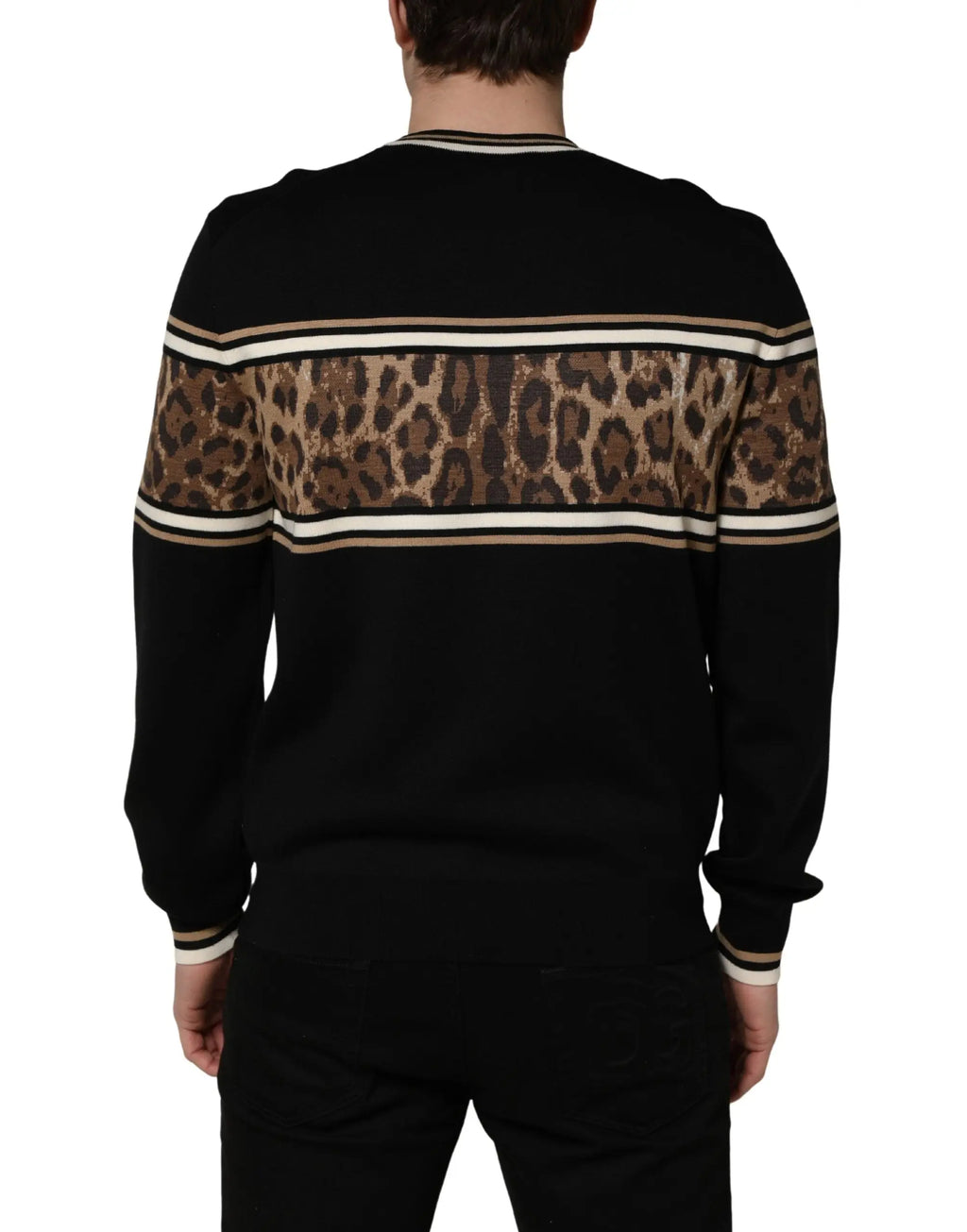 Pull noir dolce & gabbana en laine homme avec bande léopard audacieuse au dos encadrée de rayures crème et noires