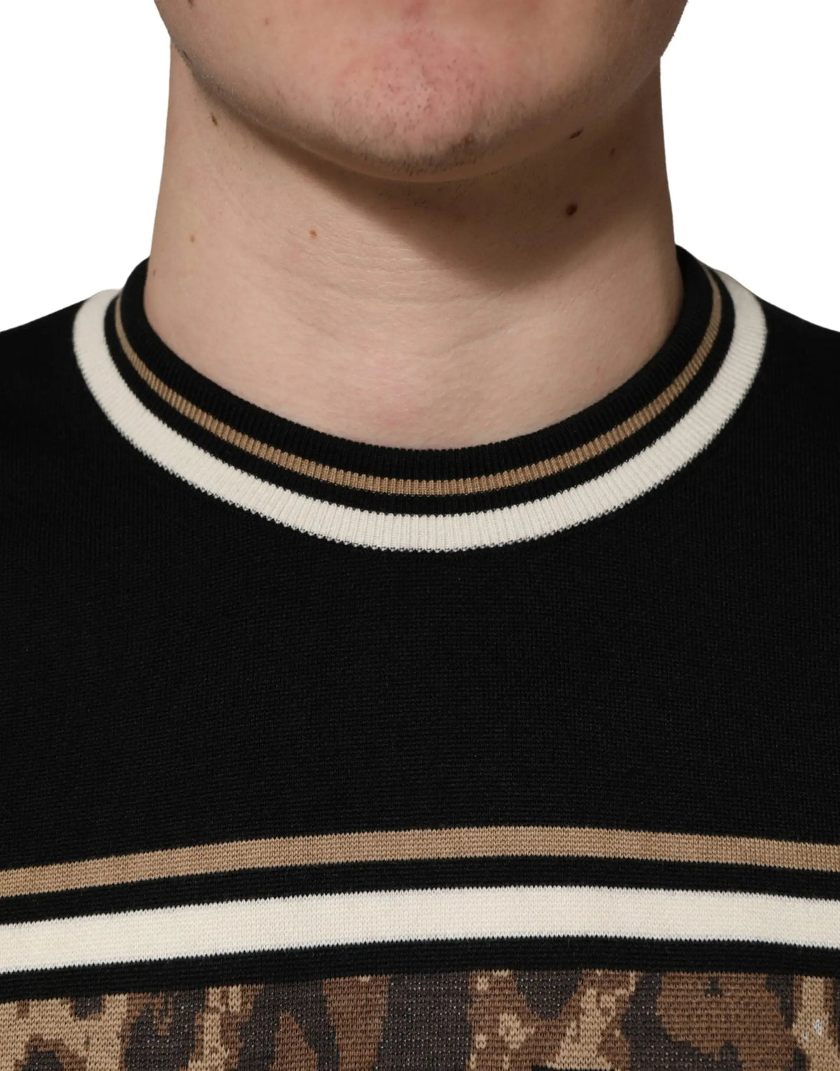 Dolce & gabbana pull homme en laine noir avec col rond côtelé rayé et motif camouflage poitrine