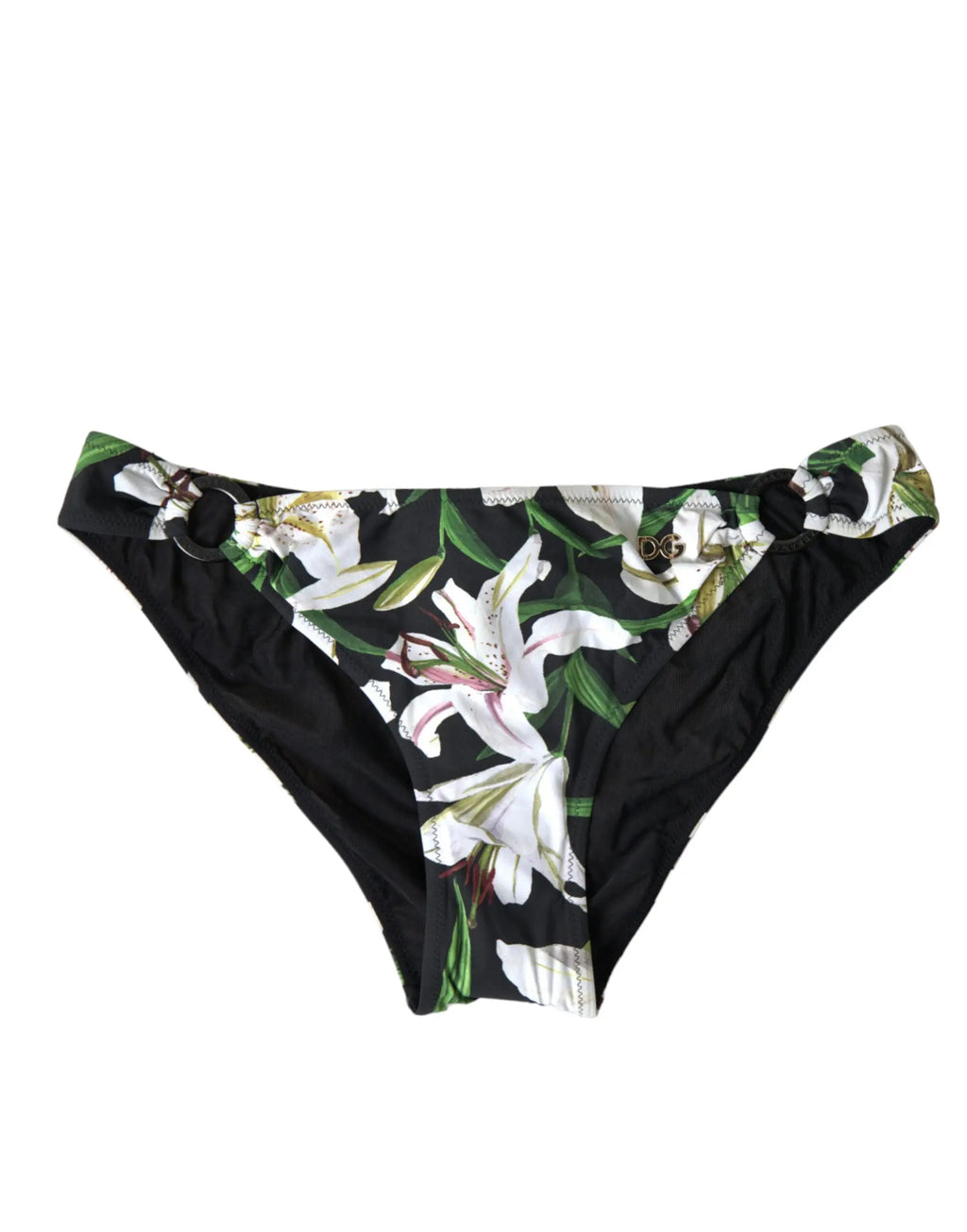 Bas de bikini dolce gabbana noir à imprimé lys blanc avec feuilles vertes et anneaux métalliques dorés sur les côtés