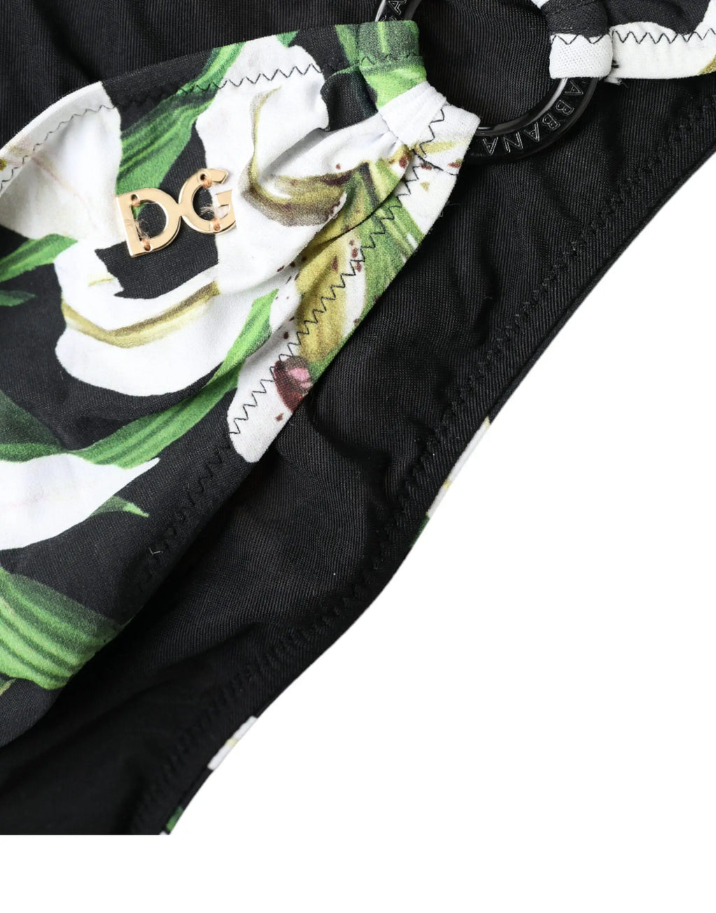Bas de bikini dolce & gabbana noir à imprimé floral blanc avec logo dg en métal doré pour la plage