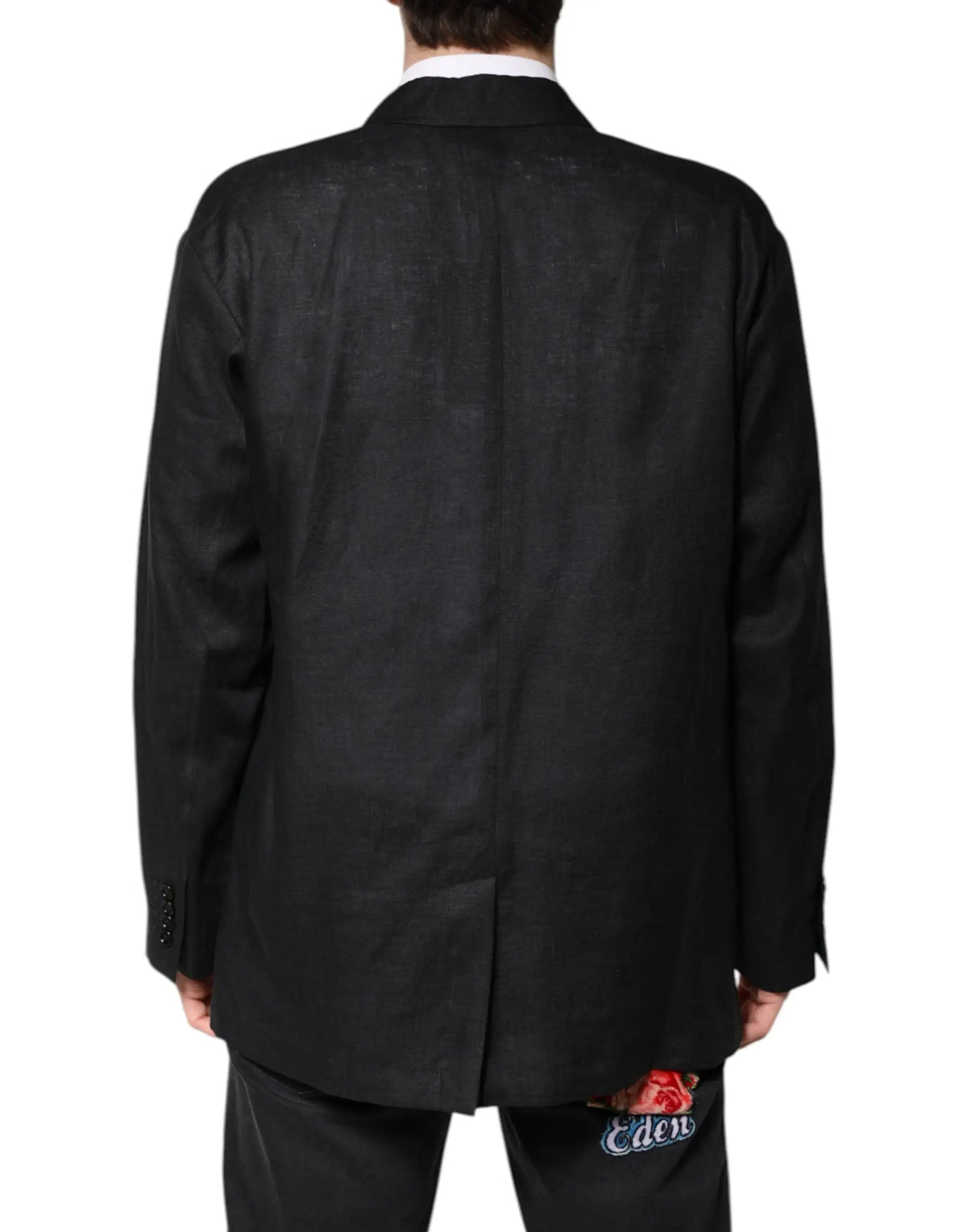 Dolce & gabbana blazer homme noir en lin avec texture subtile et patch brodé de rose sur le côté gauche inférieur