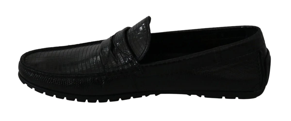Dolce & gabbana mocassins plats noirs en cuir embossé motif lézard au design minimaliste élégant