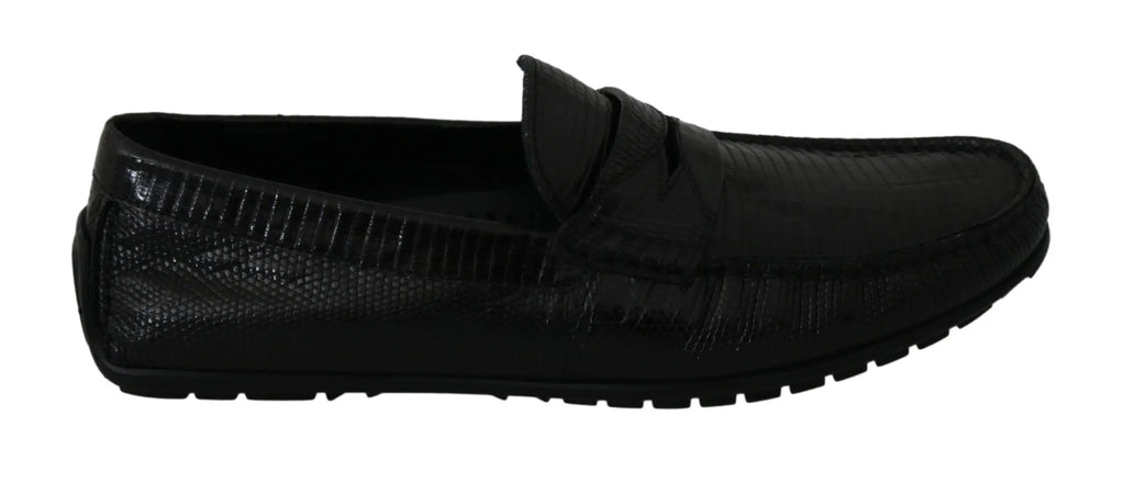 Dolce & gabbana mocassins plats noirs en cuir de lézard avec motif texturé peau de reptile classique