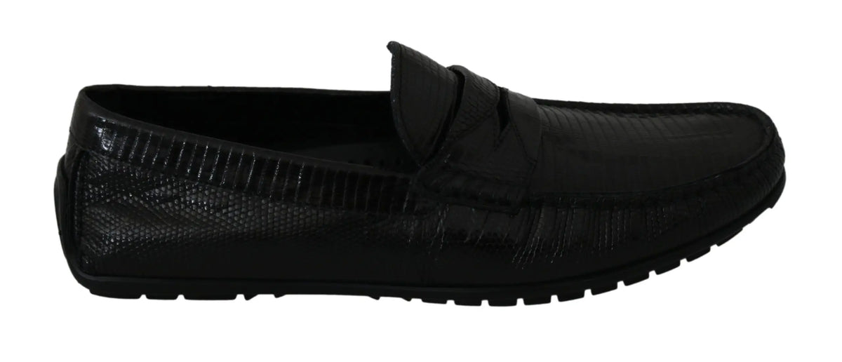 Dolce & gabbana mocassins plats noirs en cuir de lézard avec motif texturé peau de reptile classique