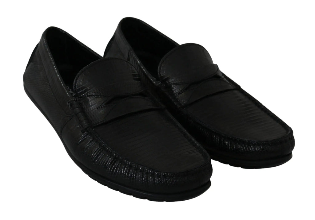 Dolce & gabbana mocassins plats en cuir de lézard noir avec motif texturé sur les côtés et le dessus