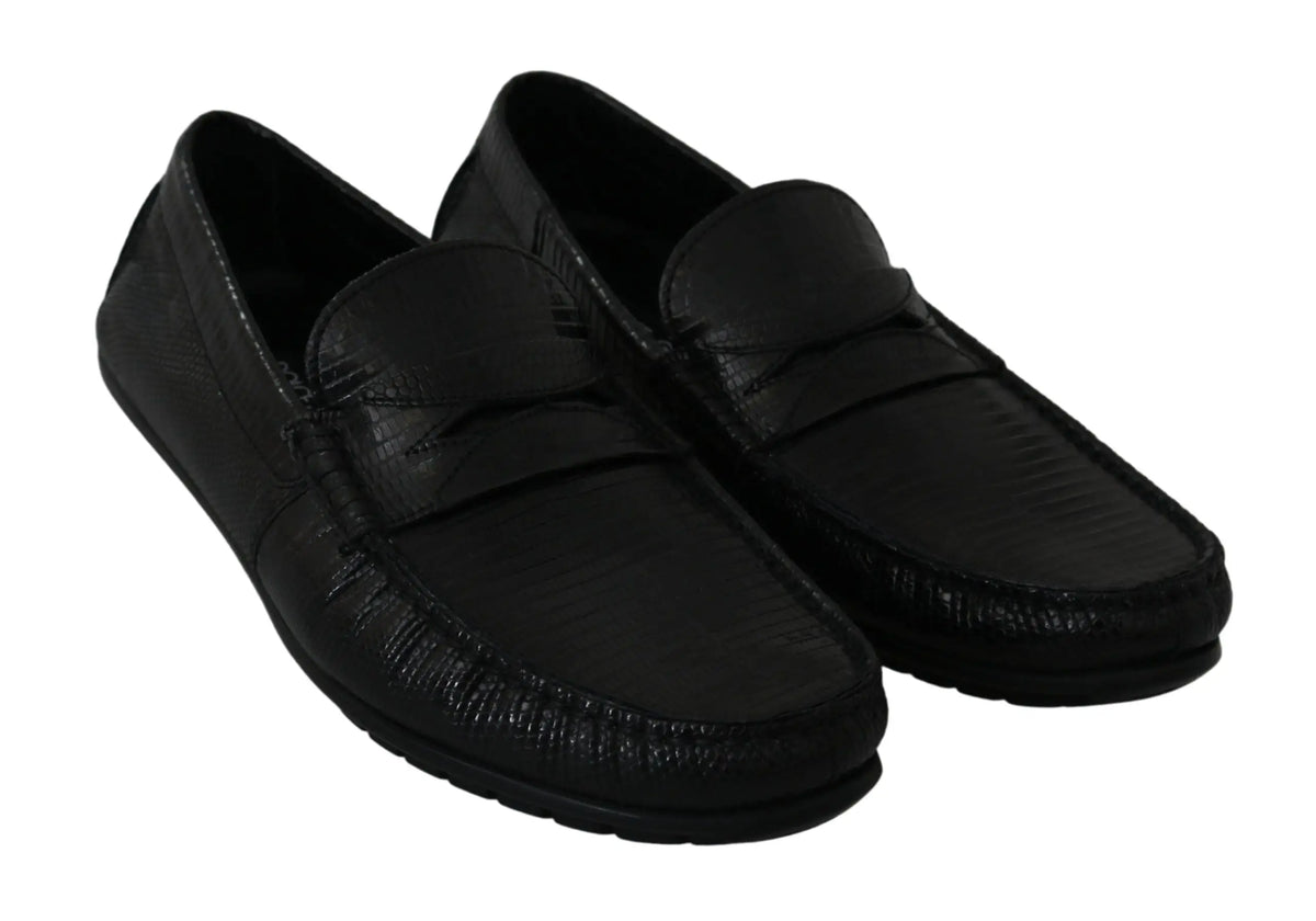 Dolce & gabbana mocassins plats en cuir de lézard noir avec motif texturé sur les côtés et le dessus