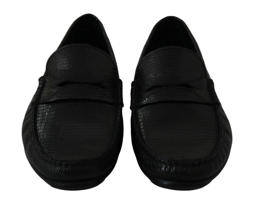 Dolce & gabbana noir mocassins en cuir effet peau de crocodile avec design classique slip-on