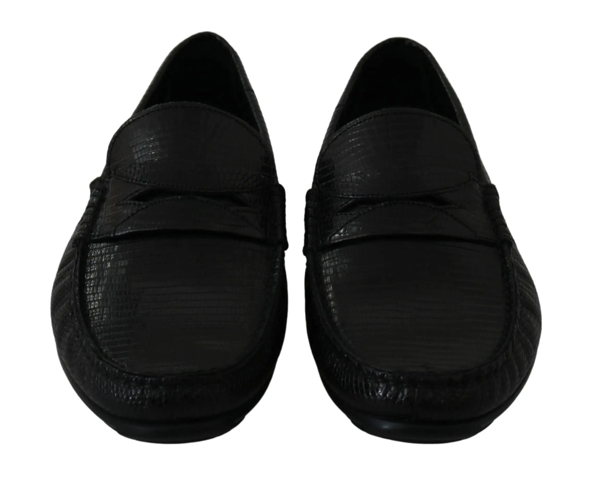 Dolce & gabbana noir mocassins en cuir effet peau de crocodile avec design classique slip-on