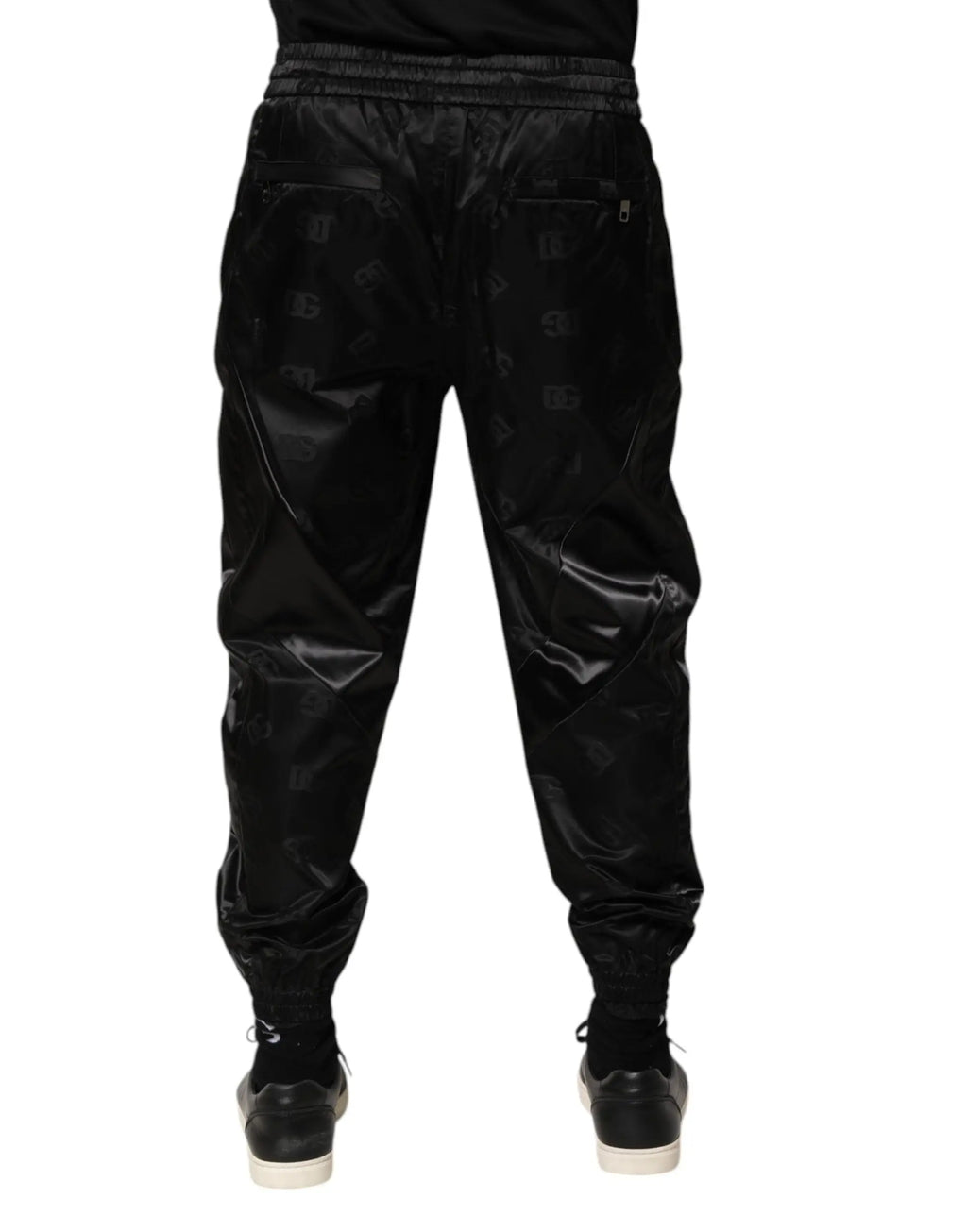 Dolce & gabbana noir jogger homme en satin avec motif logo dg subtil répétitif et chevilles élastiques