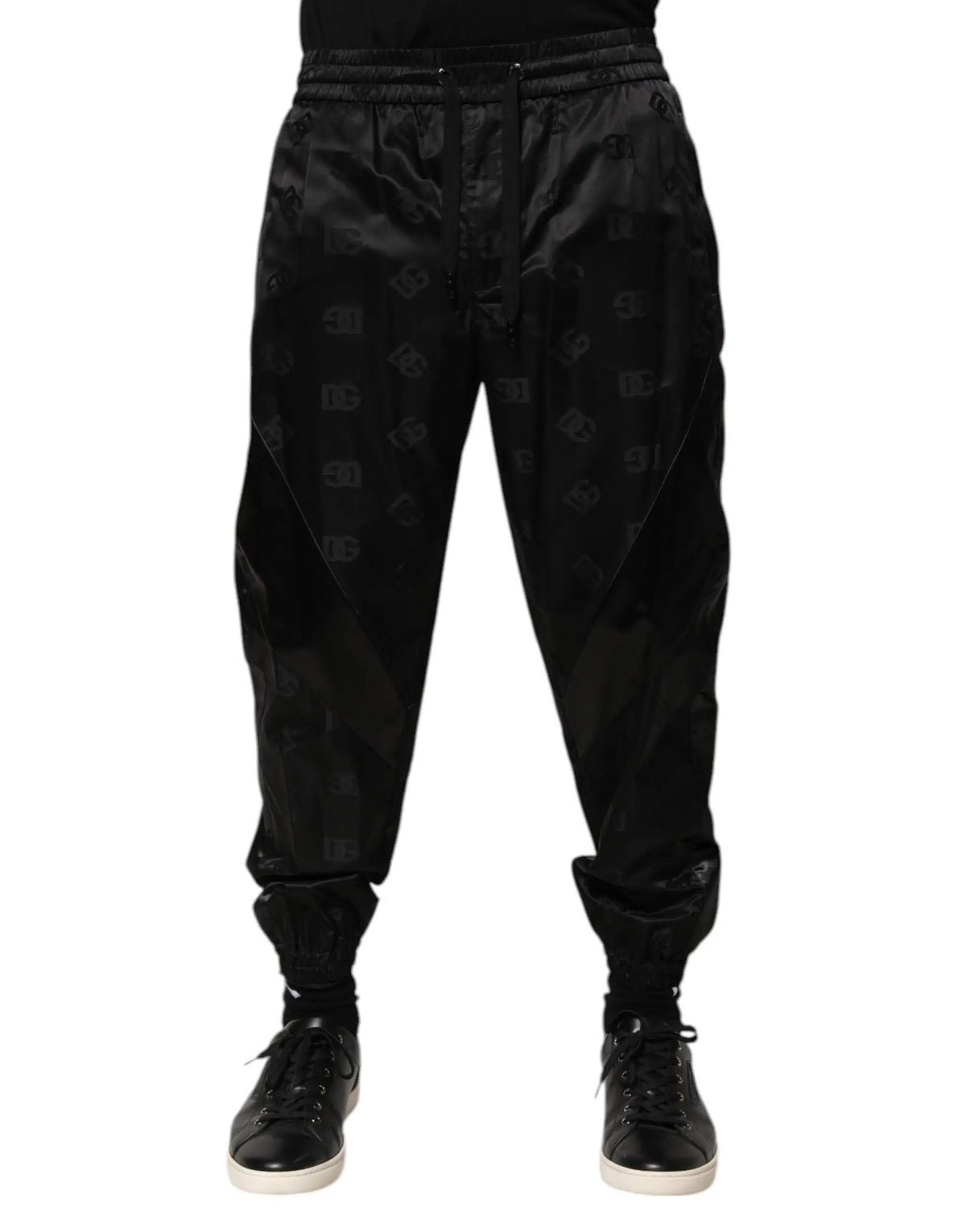 Joggers noirs en satin dolce gabbana avec motif logo dg répété et taille élastique à cordon de serrage