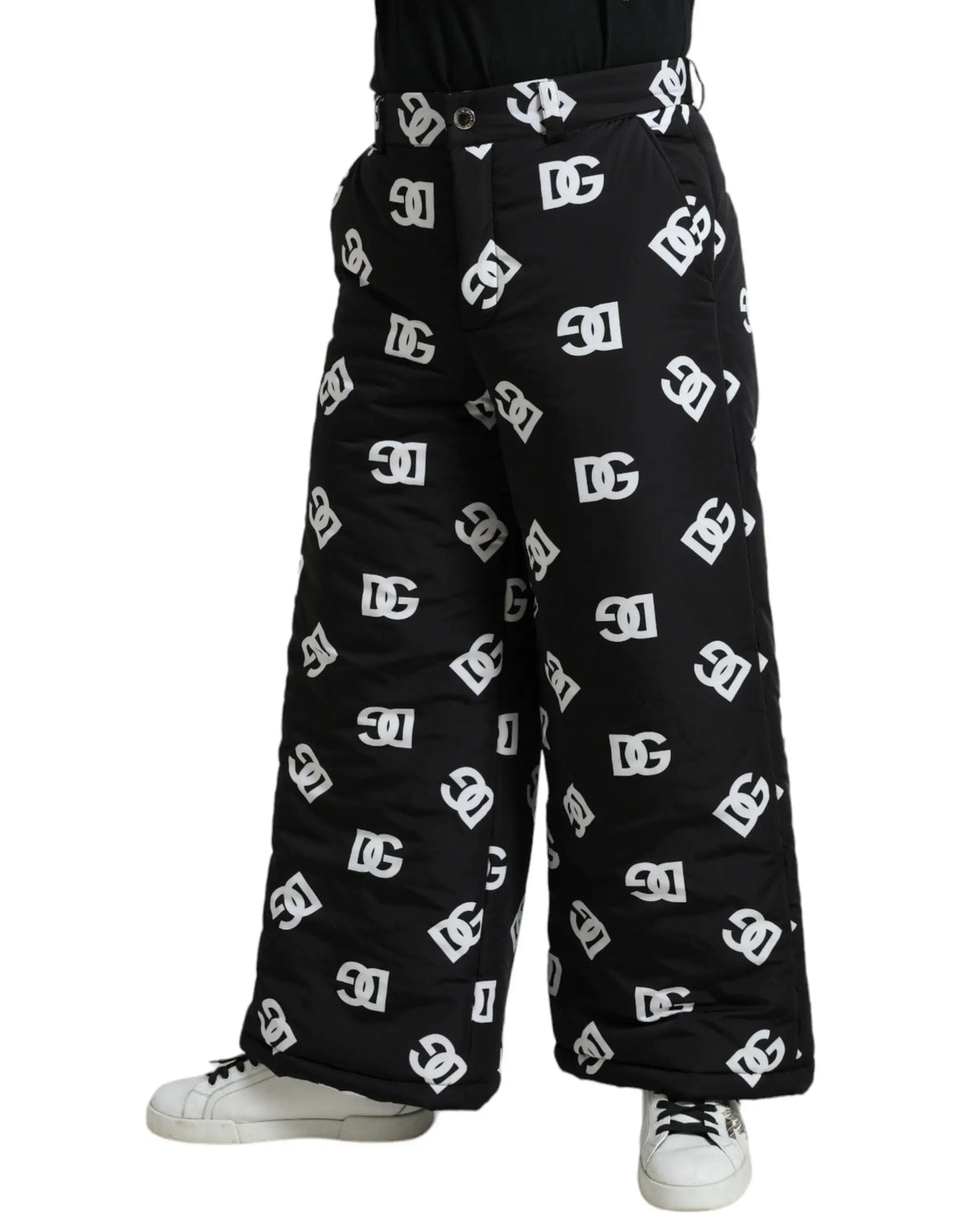 Pantalon large noir matelassé dolce & gabbana avec motif logo dc blanc répété