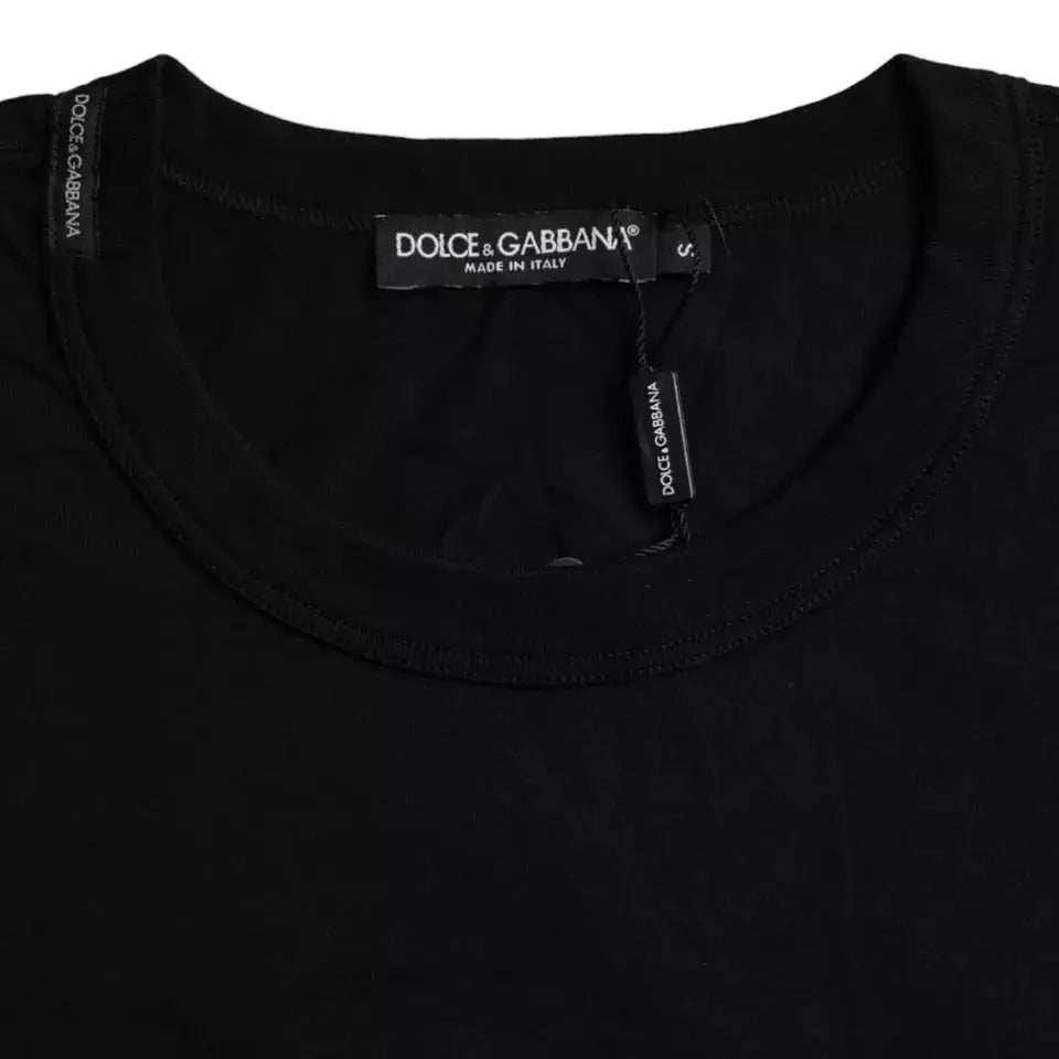 Dolce & gabbana t-shirt noir en coton avec logo embossé col rond classique et label fabriqué en italie