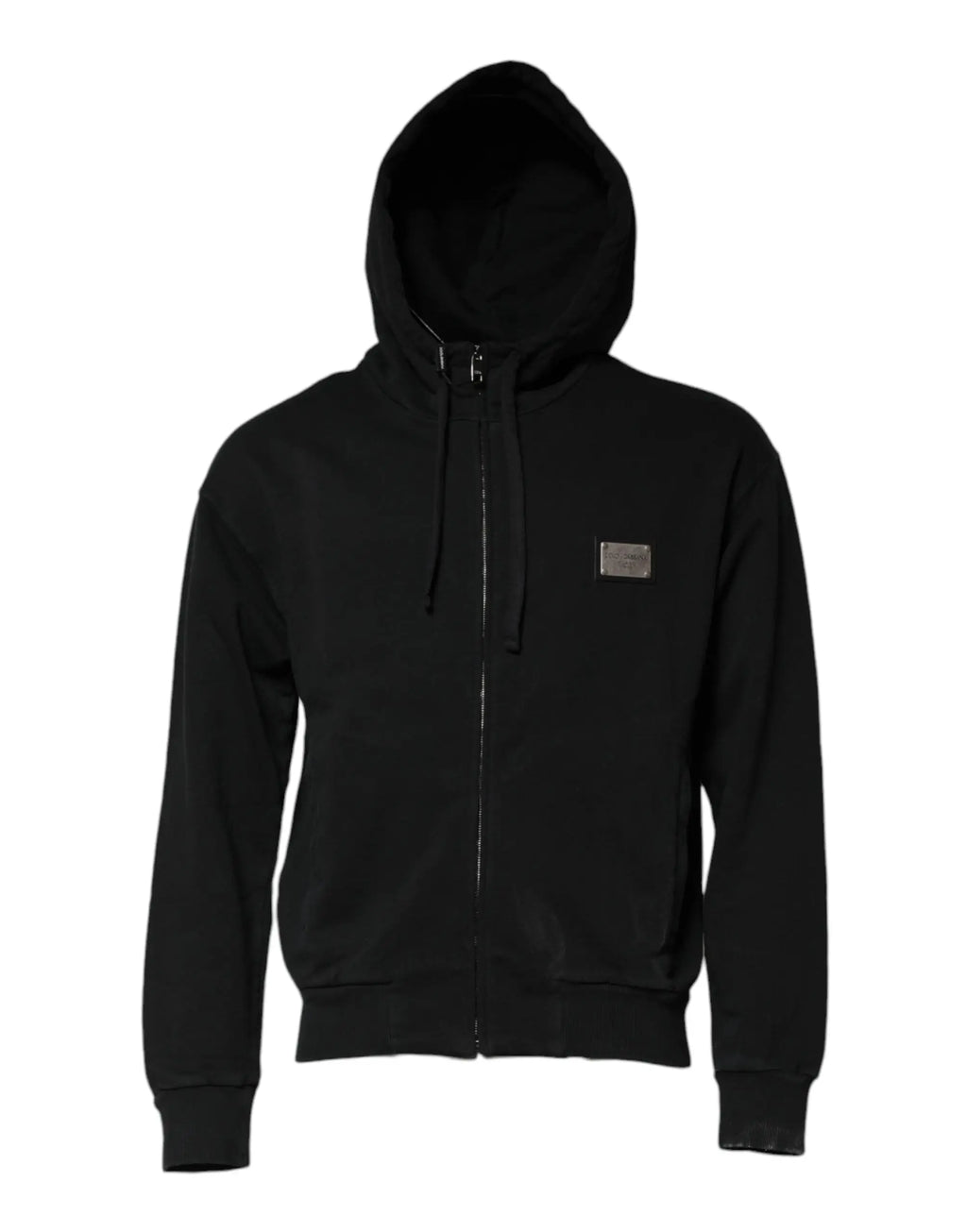 Sweat à capuche zippé noir dolce & gabbana pour homme avec écusson métallique rectangulaire sur la poitrine