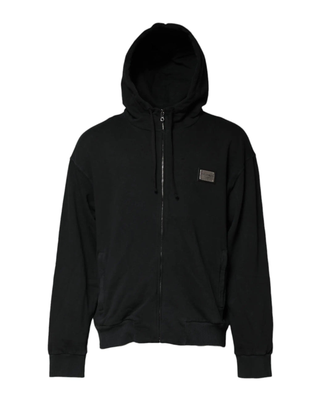 Sweat à capuche zippé noir dolce & gabbana avec patch texturé sur la poitrine gauche pour homme
