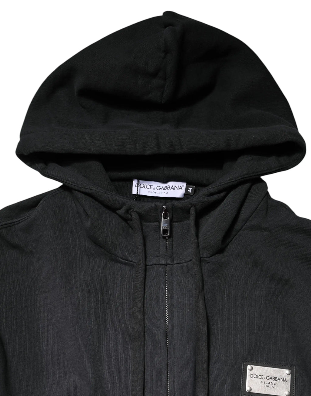 Dolce & gabbana sweat à capuche zippé noir avec texture côtelée et patch logo sur la poitrine pour homme