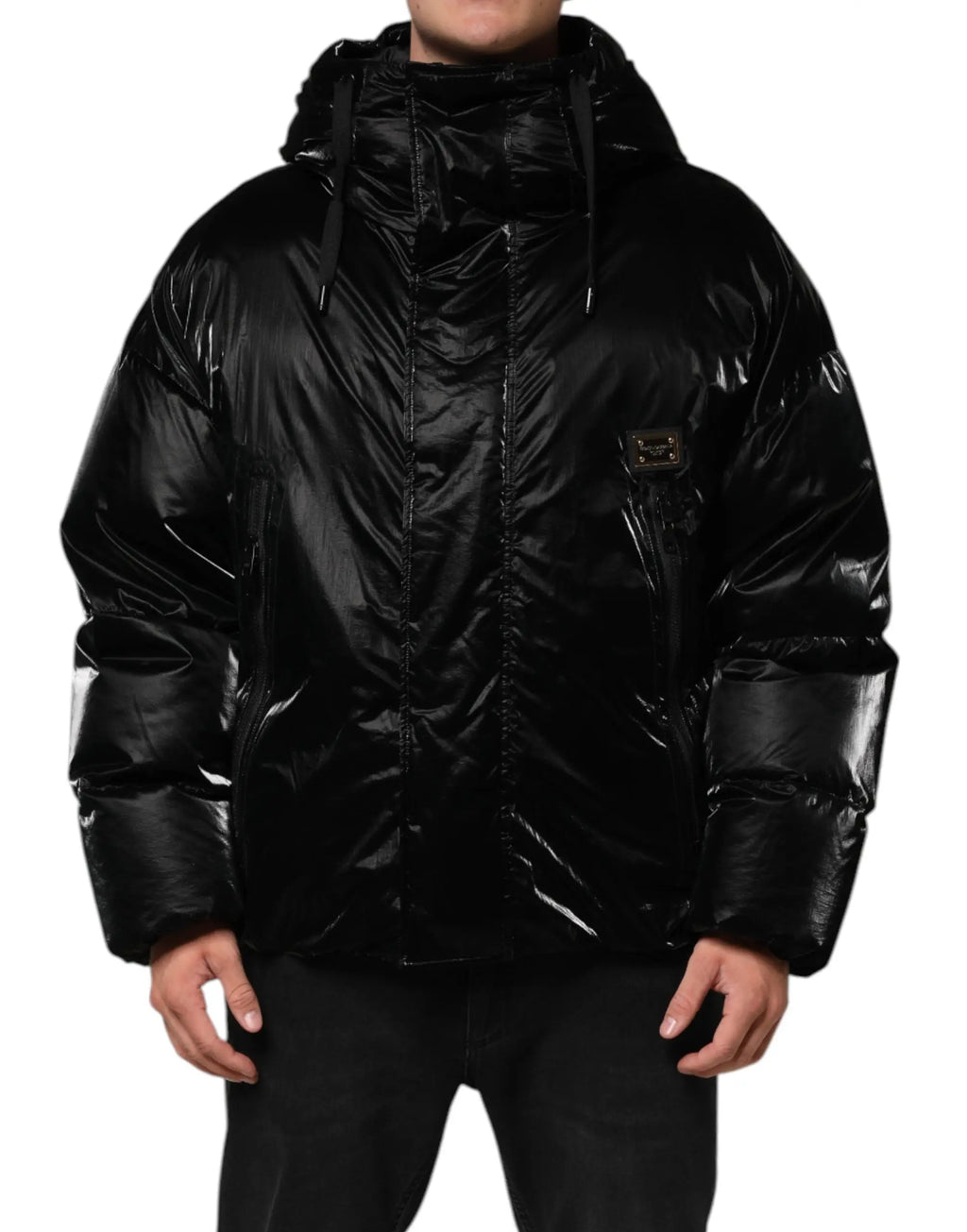 Veste matelassée noire dolce & gabbana en nylon avec capuche et logo métallique sur la poitrine