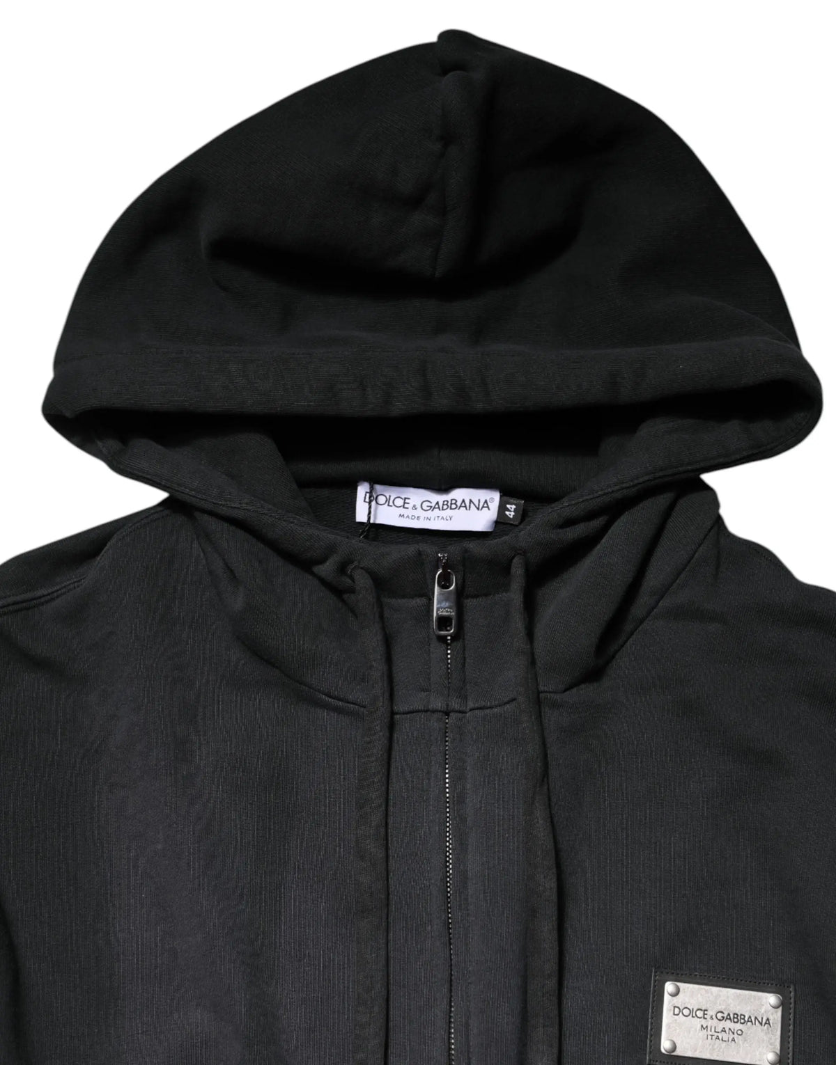 Dolce & gabbana sweat à capuche zippé noir avec texture côtelée et patch logo sur la poitrine