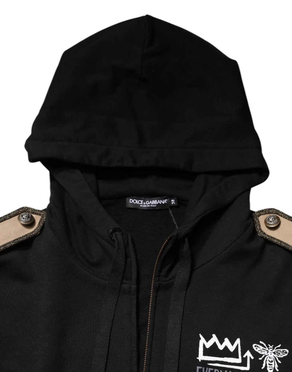 Dolce & gabbana sweat à capuche noir avec épaulettes beige et boutons argentés avec logo blanc sur la poitrine