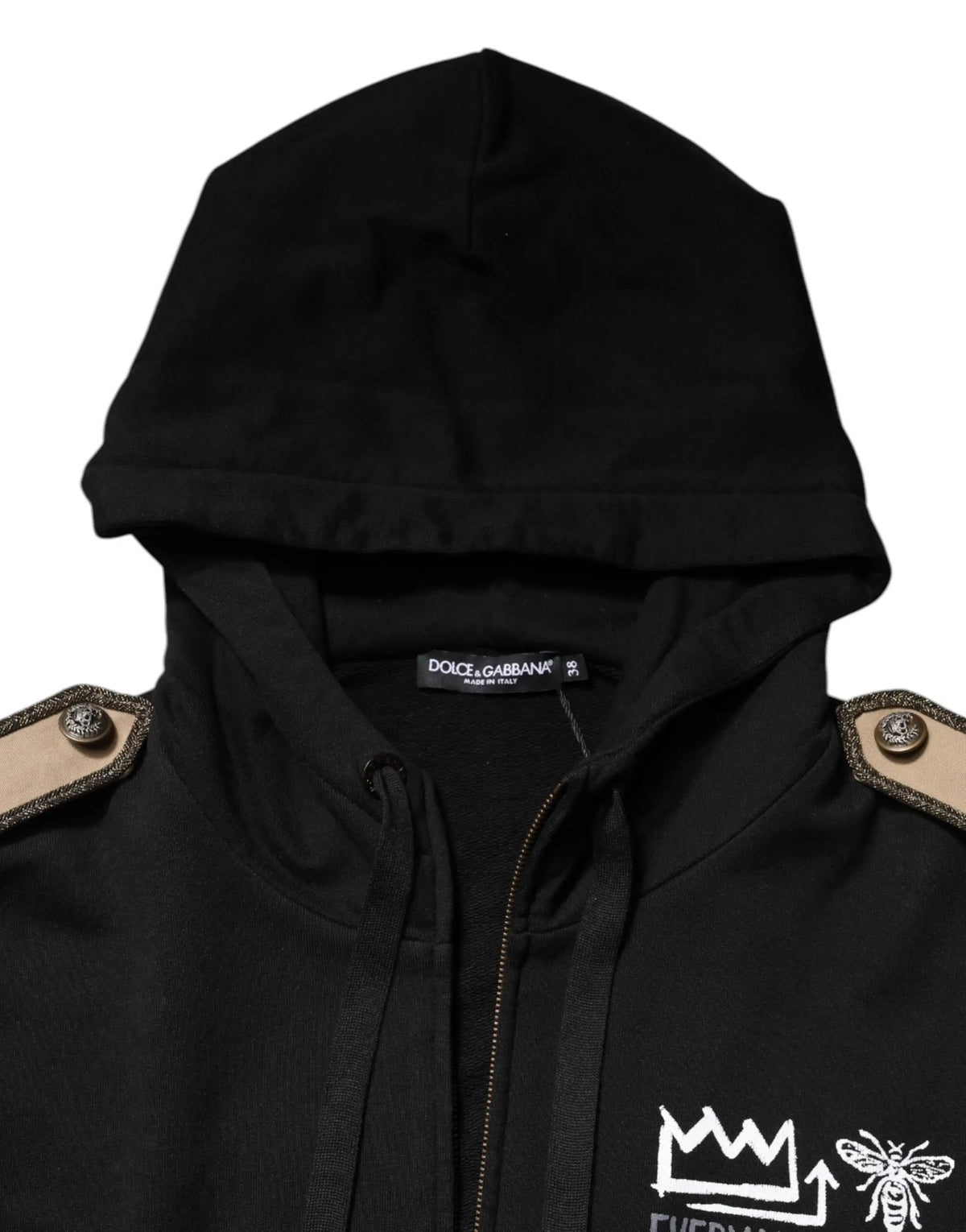 Dolce & gabbana sweat à capuche noir avec épaulettes beige et boutons argentés avec logo blanc sur la poitrine