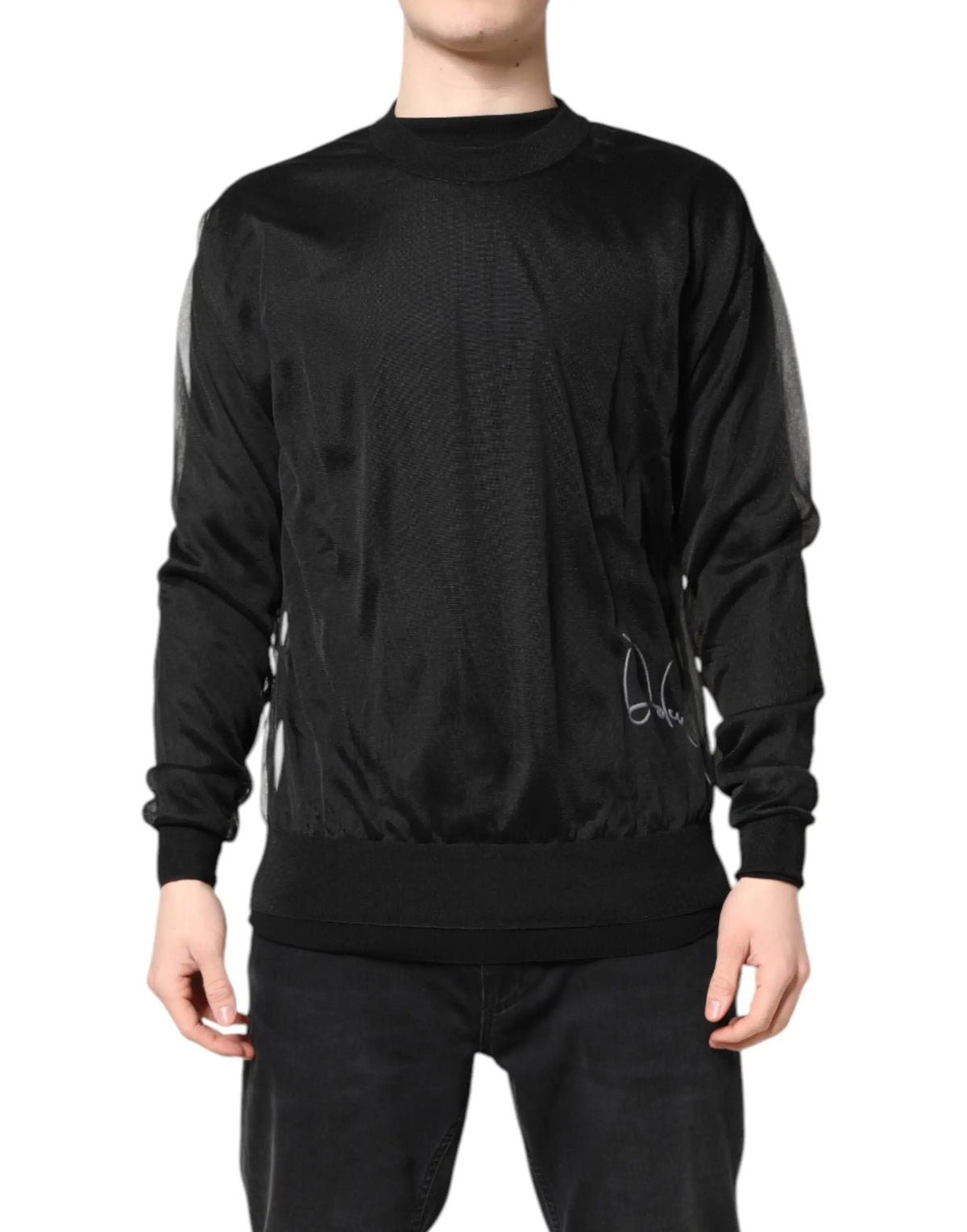 Dolce & Gabbana pull en maille noir à col rond avec panneaux mesh transparents et logo brodé argenté sur la poitrine