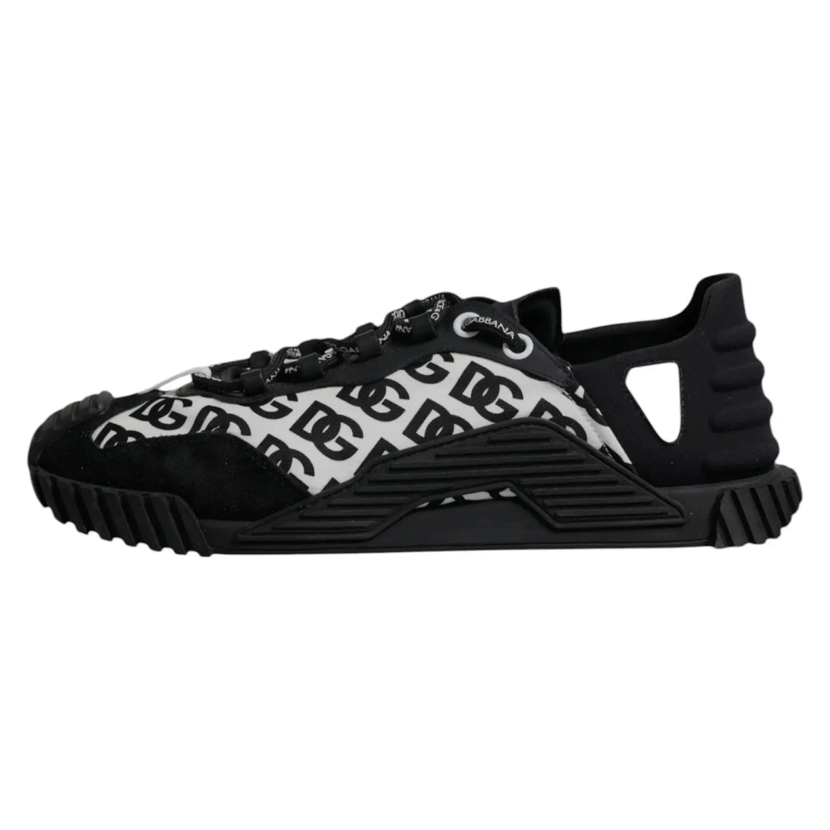 Dolce & gabbana black logo lace up low top ns1 sneakers with bold repeating logo pattern and textured rubber soles