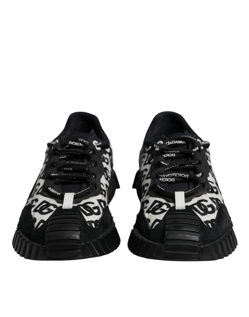 Baskets basses Dolce & Gabbana noires avec logo répétitif blanc et lacets sur le dessus en tissu textile