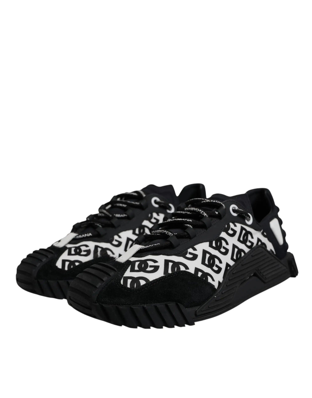 Dolce & gabbana baskets basses noires et blanches avec motif logo répété sur la tige en textile