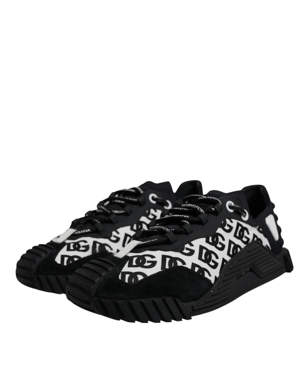 Dolce & gabbana baskets basses noires et blanches avec motif logo répété sur la tige en textile
